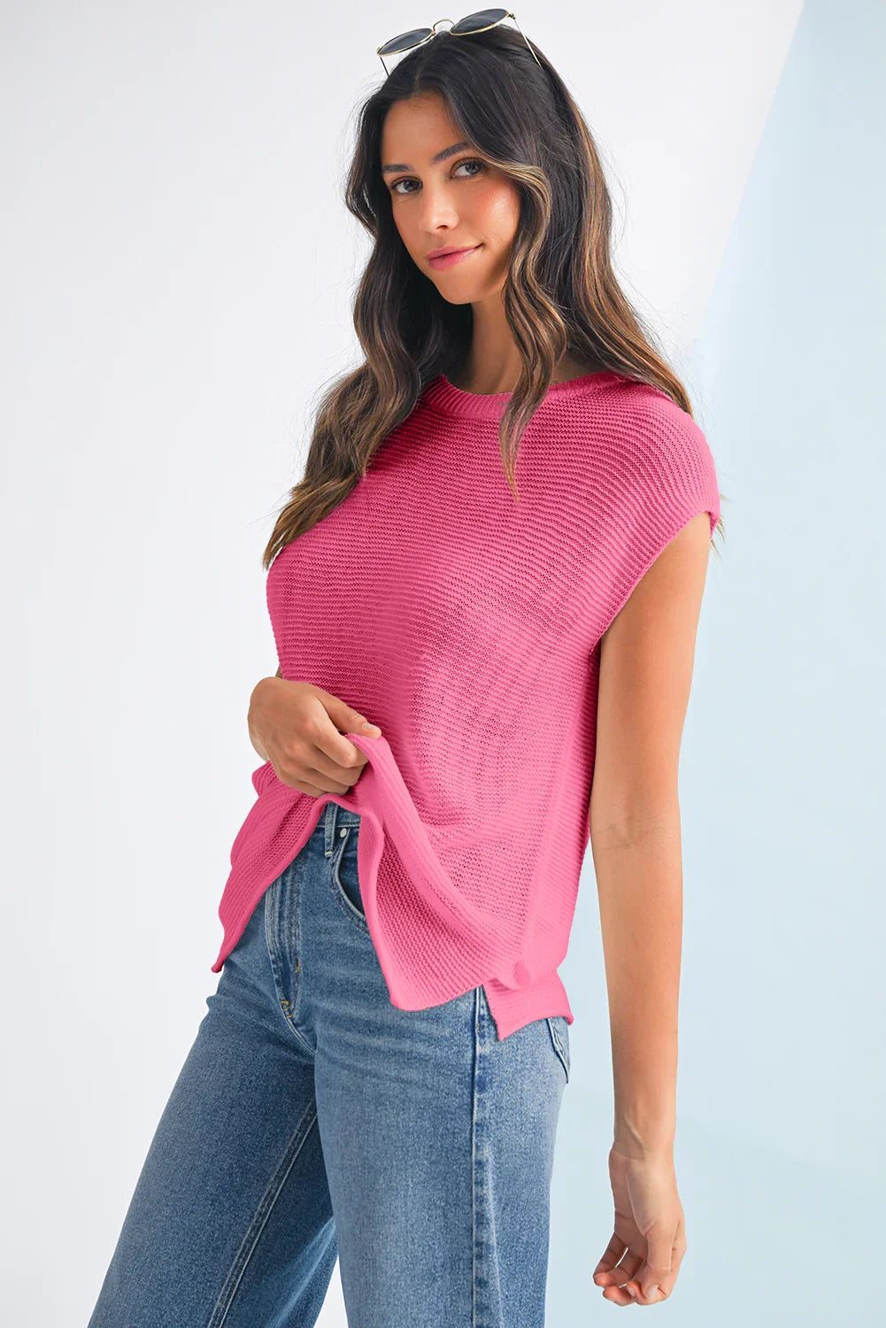 Sachet Pink Solid Color Side Slits Knit Tee