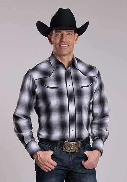 Roper 3112 Plaid (Black/White) - Men's Western Shirt