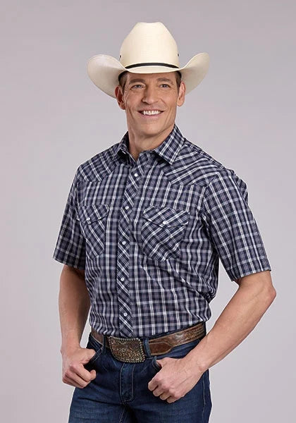 Roper 2900 Woven Plaid (Navy) - Men's Short Sleeve Western Shirt