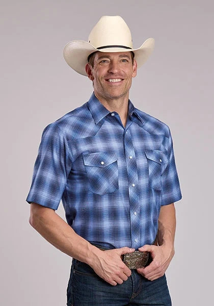 Roper 3034 Woven Plaid (Blue) - Men's Short Sleeve Western Shirt