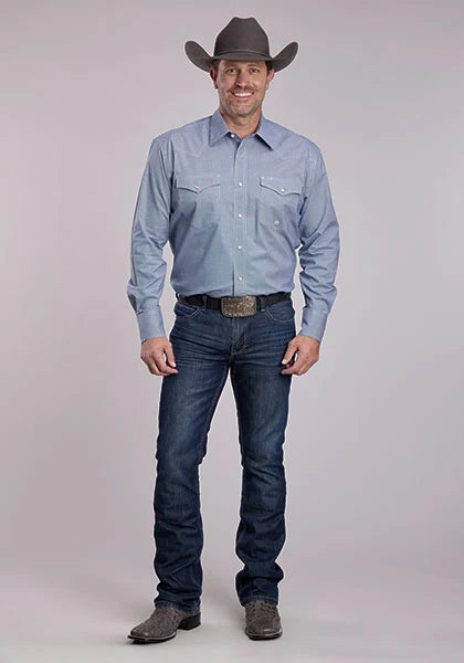 Roper 2892 Stretch Minicheck (Blue) - Men's Western Shirt
