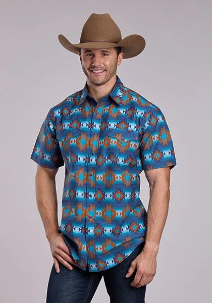 Roper 2835 Serape Stripe (Blue) - Men's Short Sleeve Shirt