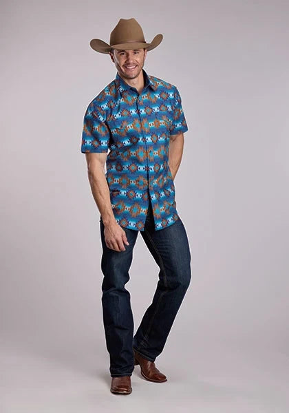 Roper 2835 Serape Stripe (Blue) - Men's Short Sleeve Shirt