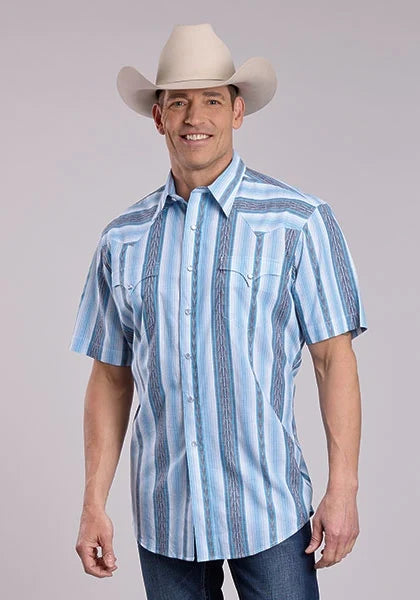Roper 2832 Vertical Stripe (Blue) - Men's Short Sleeve Shirt