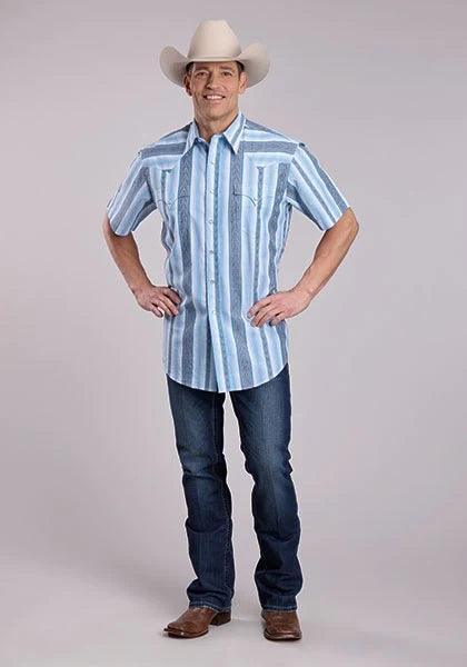 Roper 2832 Vertical Stripe (Blue) - Men's Short Sleeve Shirt