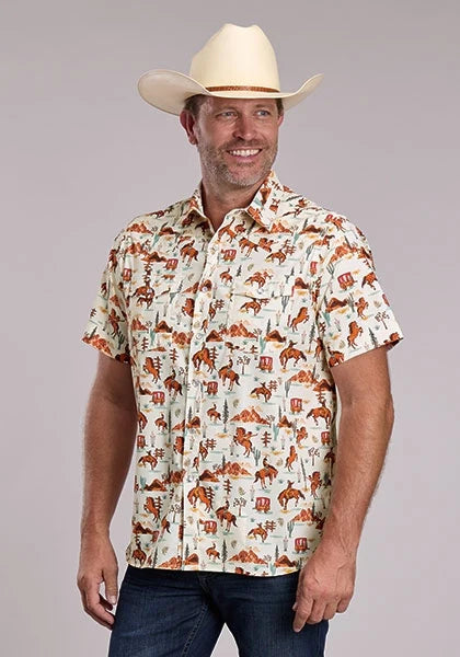 Roper 3012 Scenic Print (Orange) - Men's Short Sleeve Shirt