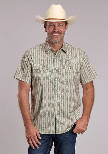 Roper 3016 Vertical Aztec (Tan) - Men's Short Sleeve Shirt