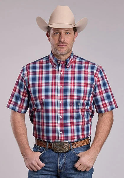 Roper 2888 American Plaid (Blue) - Men's Short Sleeve Shirt