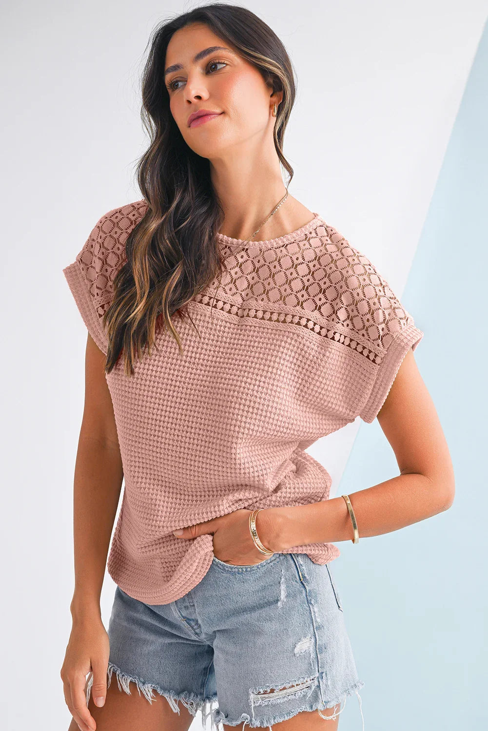 Mist Green Hollow Patchwork Waffle Knit Top