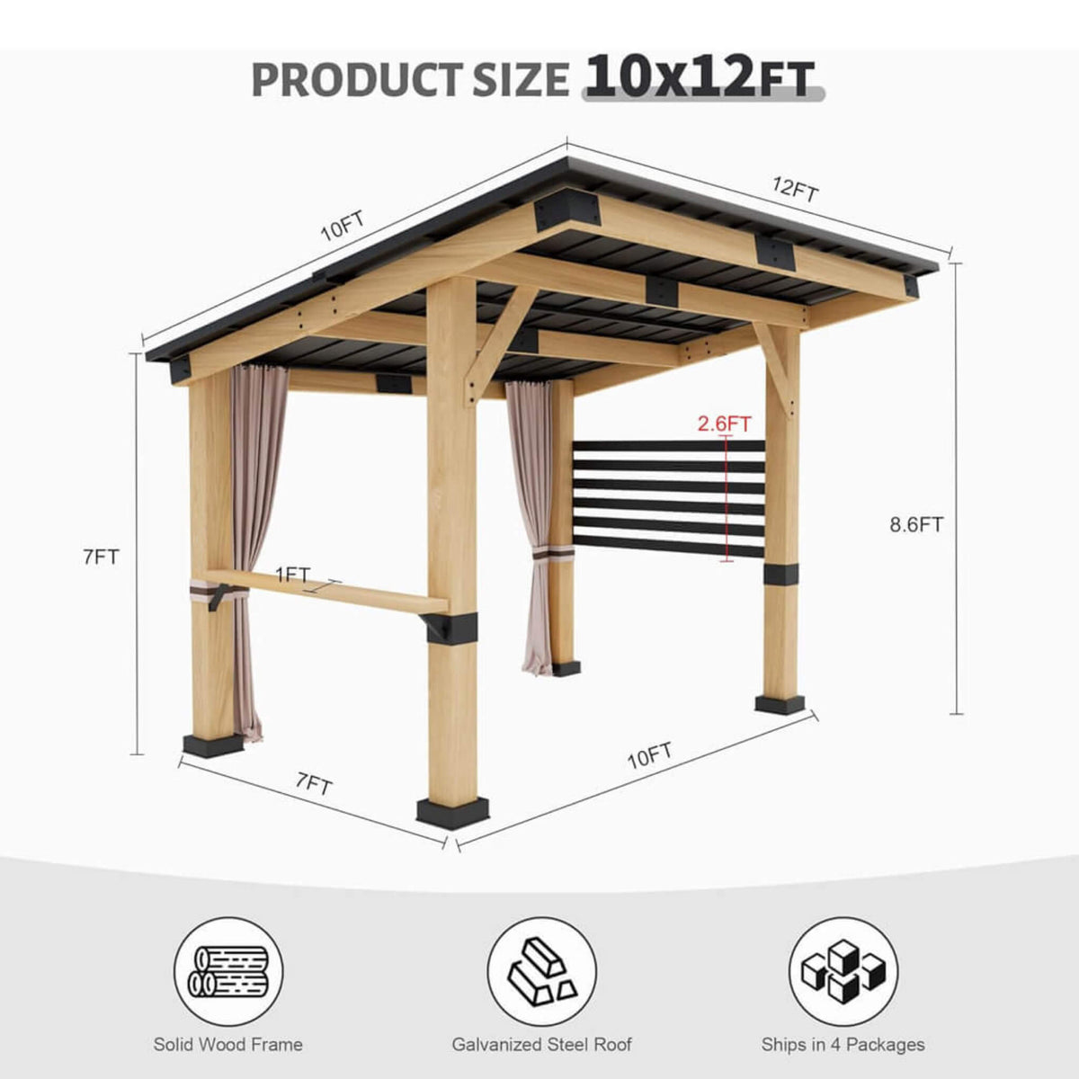 [10X12FT] Heavy-Duty Premium Outdoor All-Season Wooden Cedar Hardtop Gazebo With Metal Roof & Back Curtains (SAK57184)