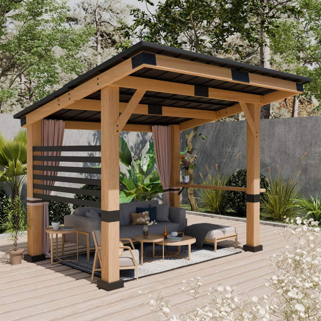 [10X12FT] Heavy-Duty Premium Outdoor All-Season Wooden Cedar Hardtop Gazebo With Metal Roof & Back Curtains (SAK57184)