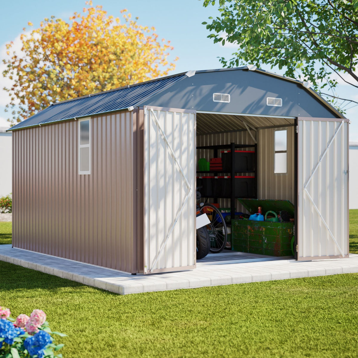 [10X12FT] Heavy-Duty Outdoor Metal Storage Shed With Floor (SAK91820)