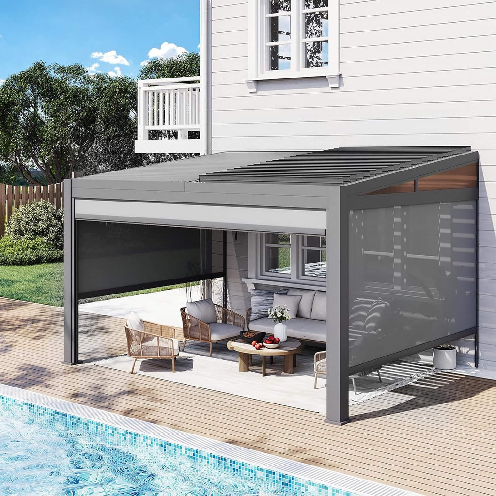 Luxury Wall-Mounted Aluminum Louvered Pergola With Pull-Down Screens (SAK91537)
