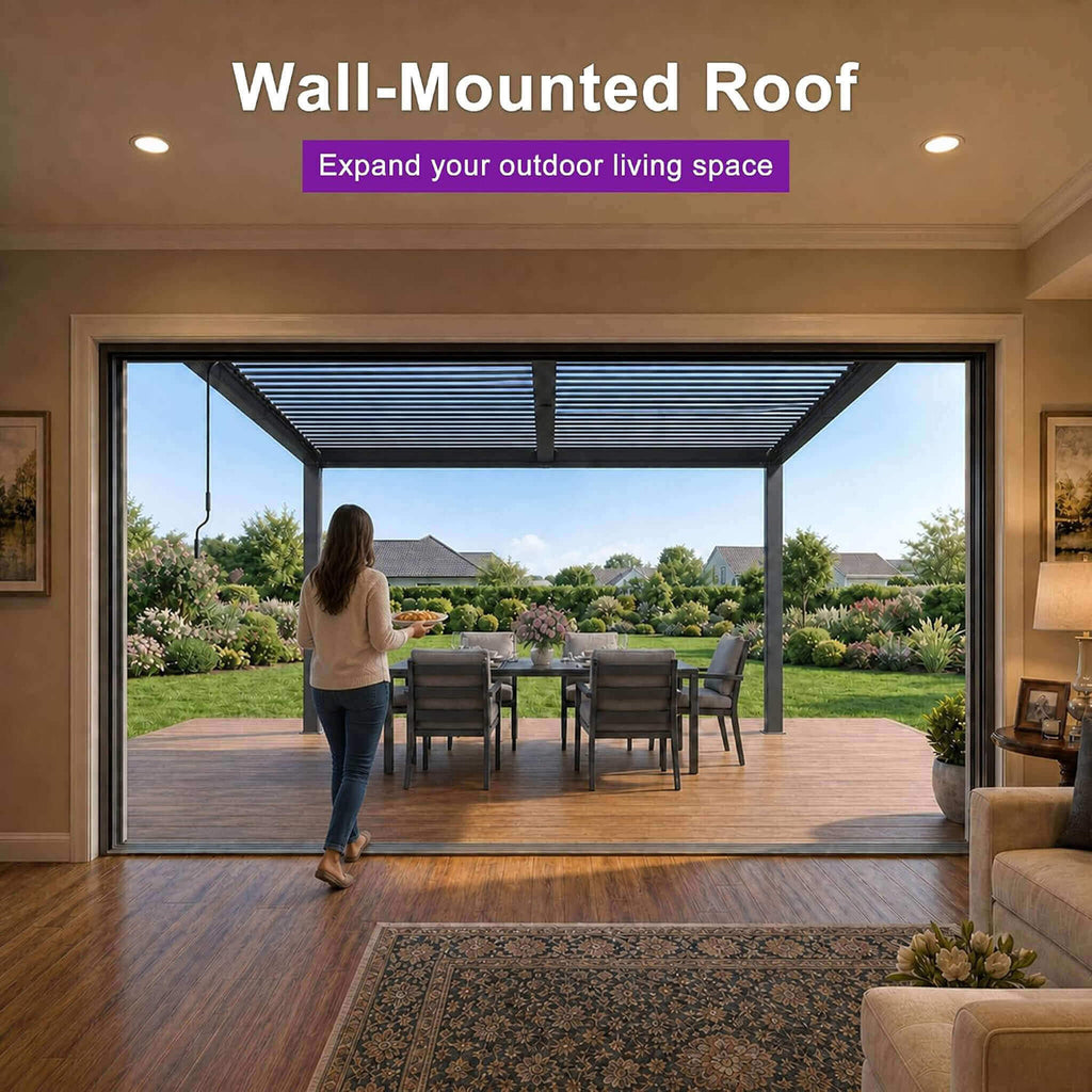 [10X14FT] Modern Wall-Mounted Louvered Pergola With Aluminum Frame (SAK30048)