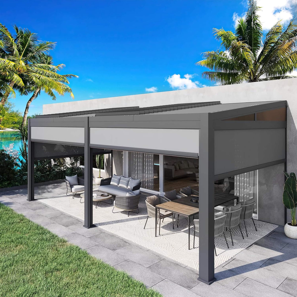 Luxury Wall-Mounted Aluminum Louvered Pergola With Pull-Down Screens (SAK91537)