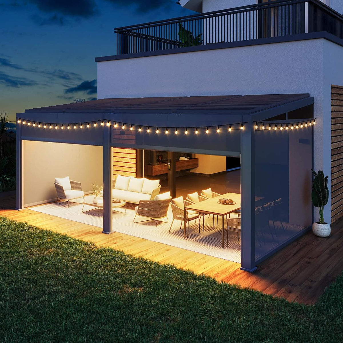 Luxury Wall-Mounted Aluminum Louvered Pergola With Pull-Down Screens (SAK91537)