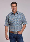 Stetson 2874 Poplin Medallions (Blue) - Men's Short Sleeve Shirt