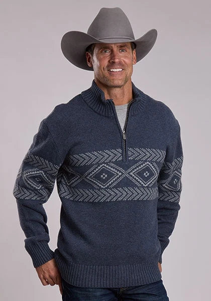 Stetson 3182 Woven Aztec (Blue) - Men's Quarter Zip Sweater