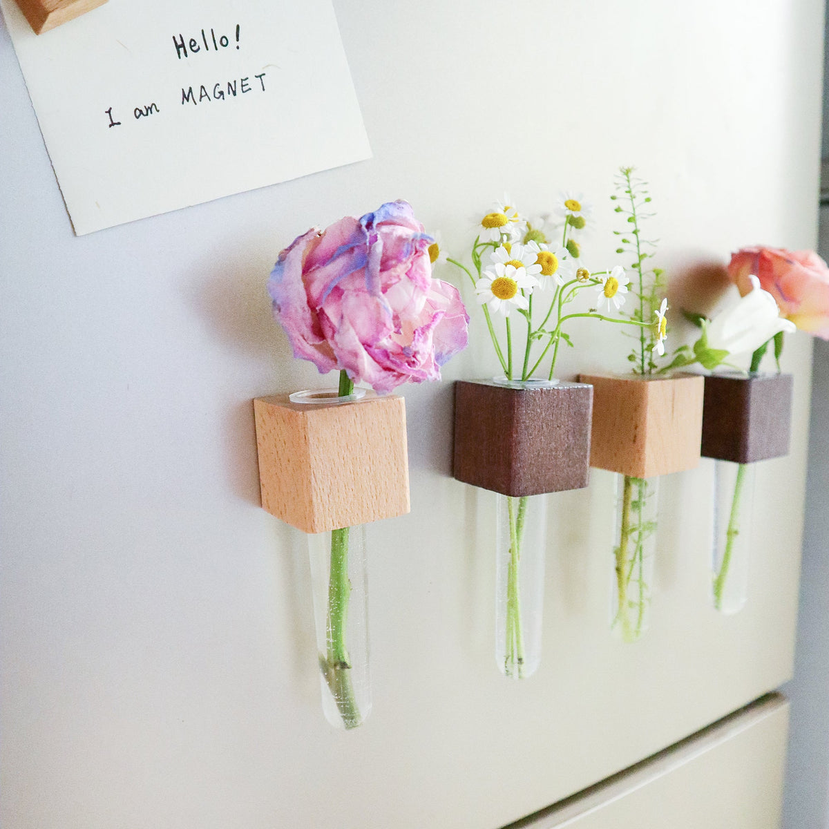 Mini Vase Magnets – Set of 2 – Beech & Walnut Wood – Decorative Fridge Magnets for Small Flowers or Greenery