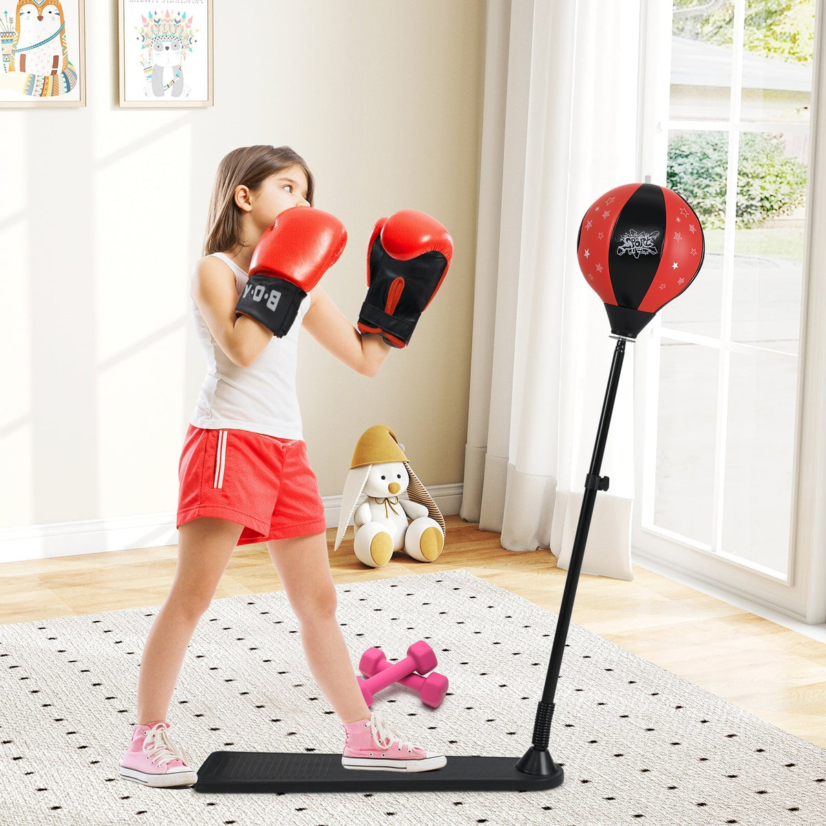 Kids Punching Bag with Adjustable Stand and Boxing Gloves