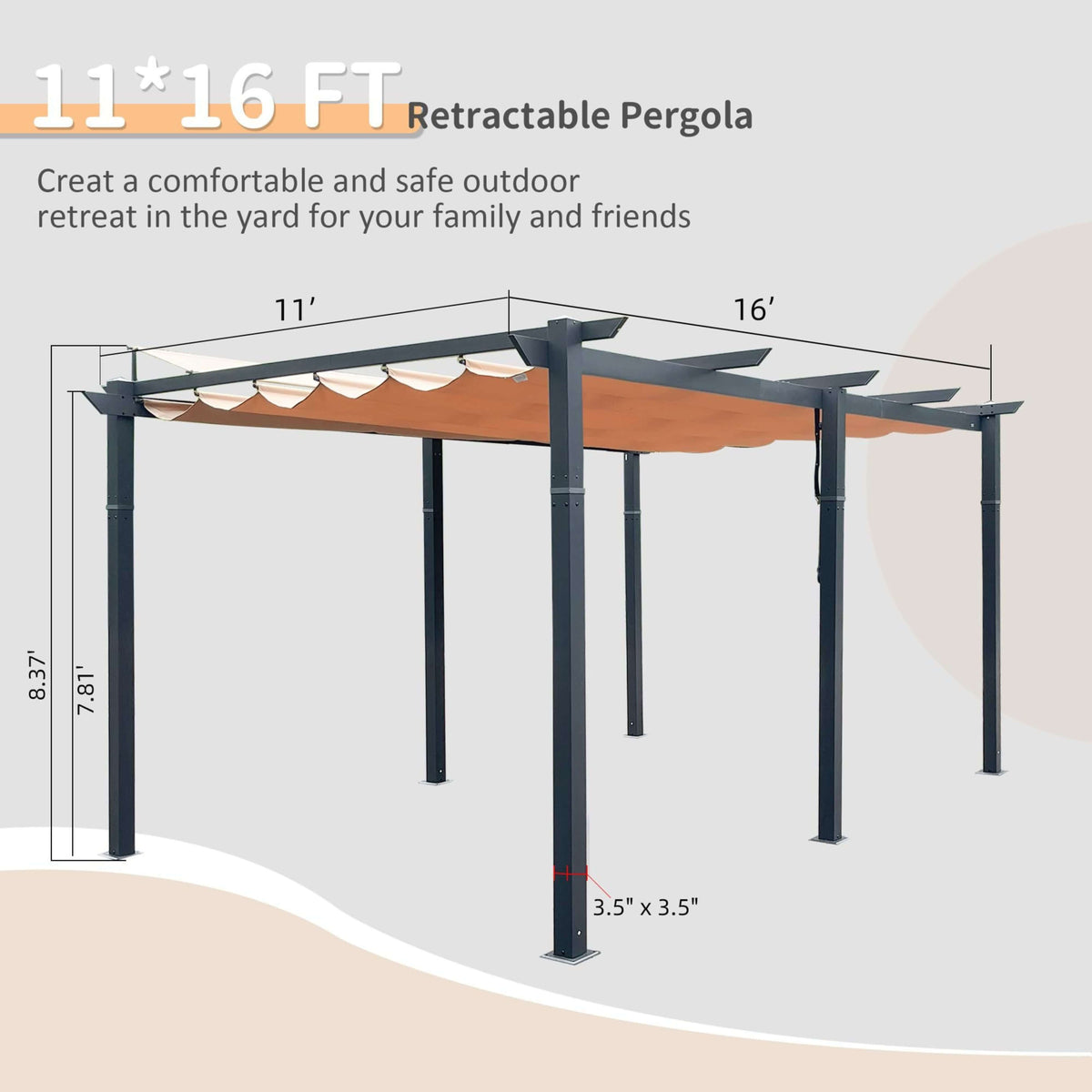 [11X16FT] Heavy-Duty Outdoor Retractable Aluminum Pergola With Weather-Resistant Canopy (SAK91853)