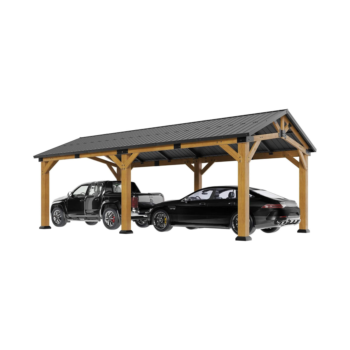 [12X24FT] Large Heavy-Duty Outdoor Cedar Wood Hardtop Carport With Galvanized Steel Roof (SAK48392)