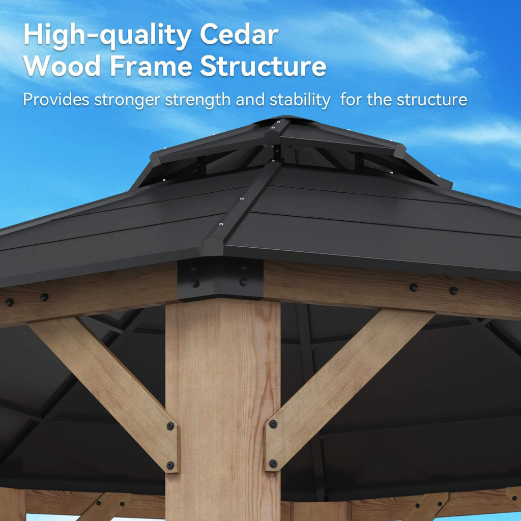 [13X13FT] Premium All-Weather Octagonal Double Hardtop Cedar Wood Gazebo (SAK42795)
