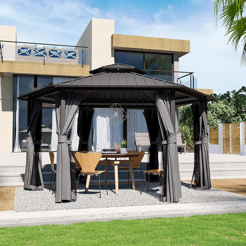 [13X15FT] Hardtop Hexagonal Gazebo With Curtains And Netting [No Furniture] (SAK60713)