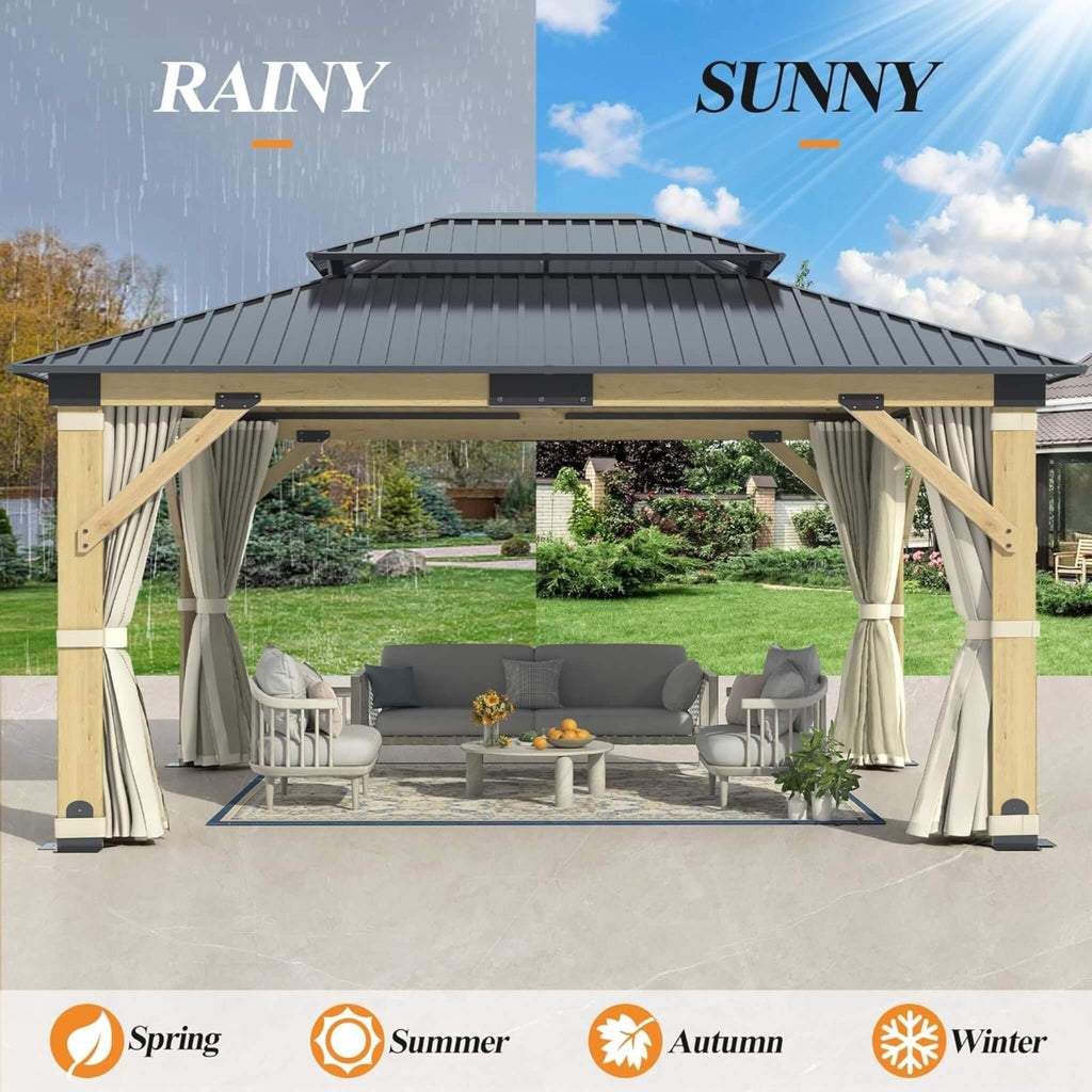 [13X15FT] Outdoor Wooden Double-Top Gazebo With Curtains (SAK60781)