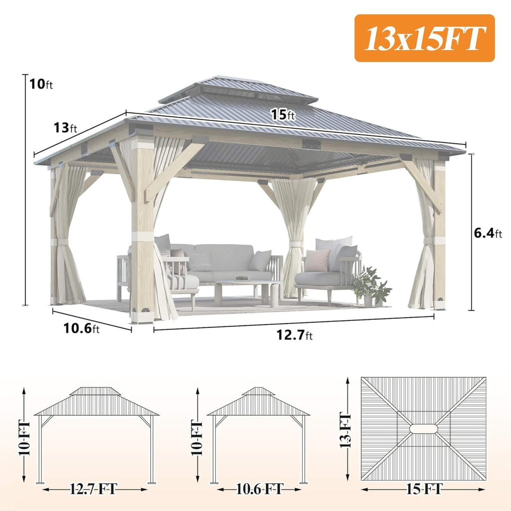 [13X15FT] Outdoor Wooden Double-Top Gazebo With Curtains (SAK60781)