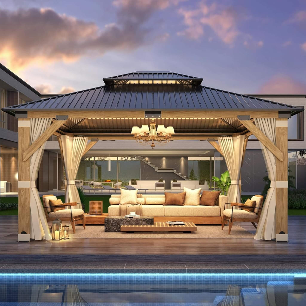 [13X15FT] Outdoor Wooden Double-Top Gazebo With Curtains (SAK60781)