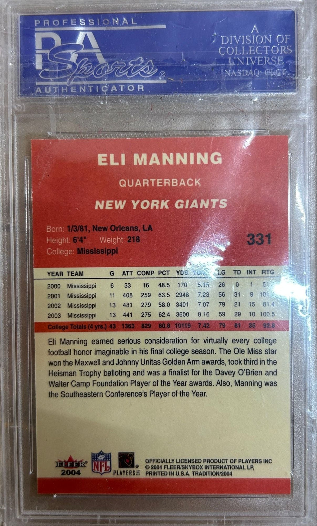 Graded 2004 Fleer Tradition Eli Manning #331 Rookie RC Football Card PSA 10 Gem Mint
