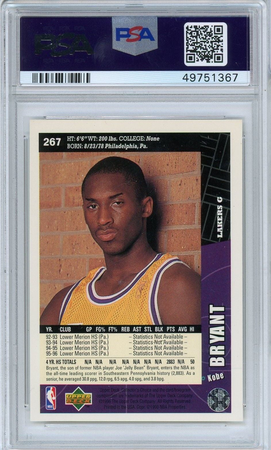 Graded 1996-97 Collector's Choice Kobe Bryant #267 Rookie RC Basketball Card PSA 10 Gem Mint