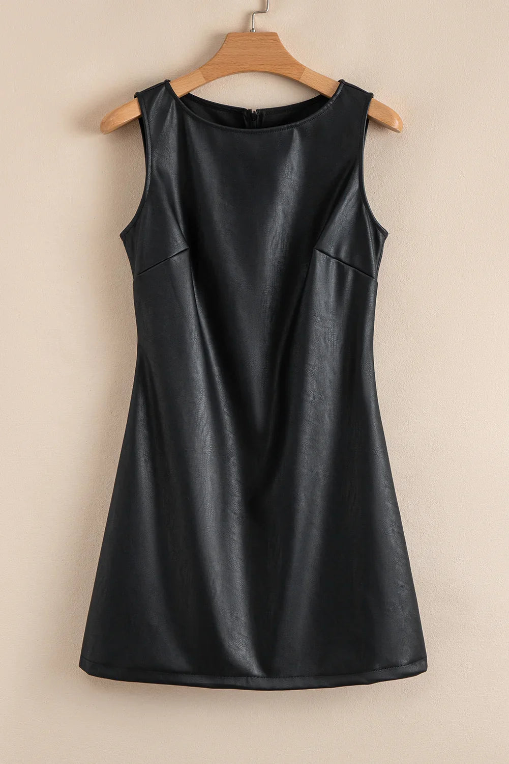 Black Faux Leather Sleeveless Round Neck Mini Dress