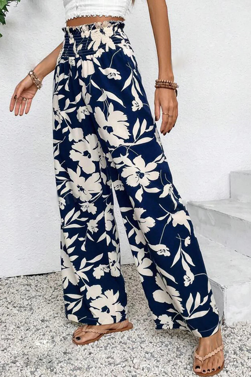Blue Floral Smocked Frill Waist Wide Leg Pants