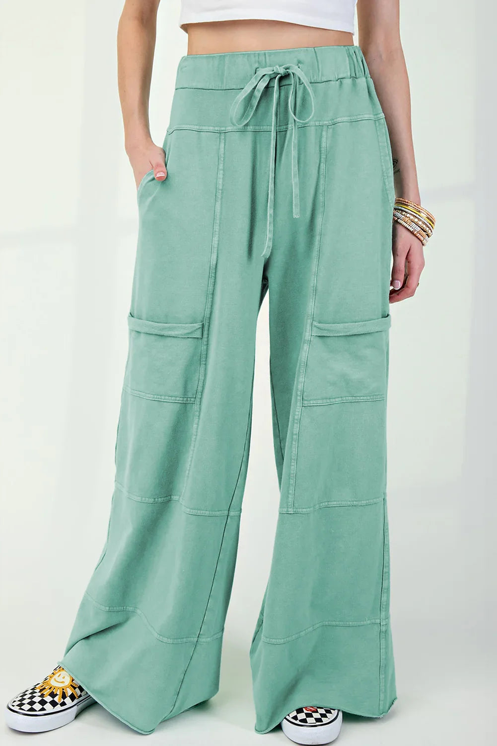 Black Mineral Wash Exposed Seam Wide Leg Cargo Pants