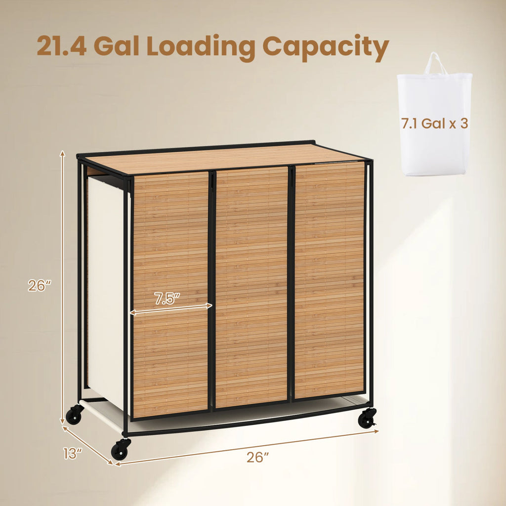 3-Section Laundry Hamper with Lid and Wheels - 21.4 Gal