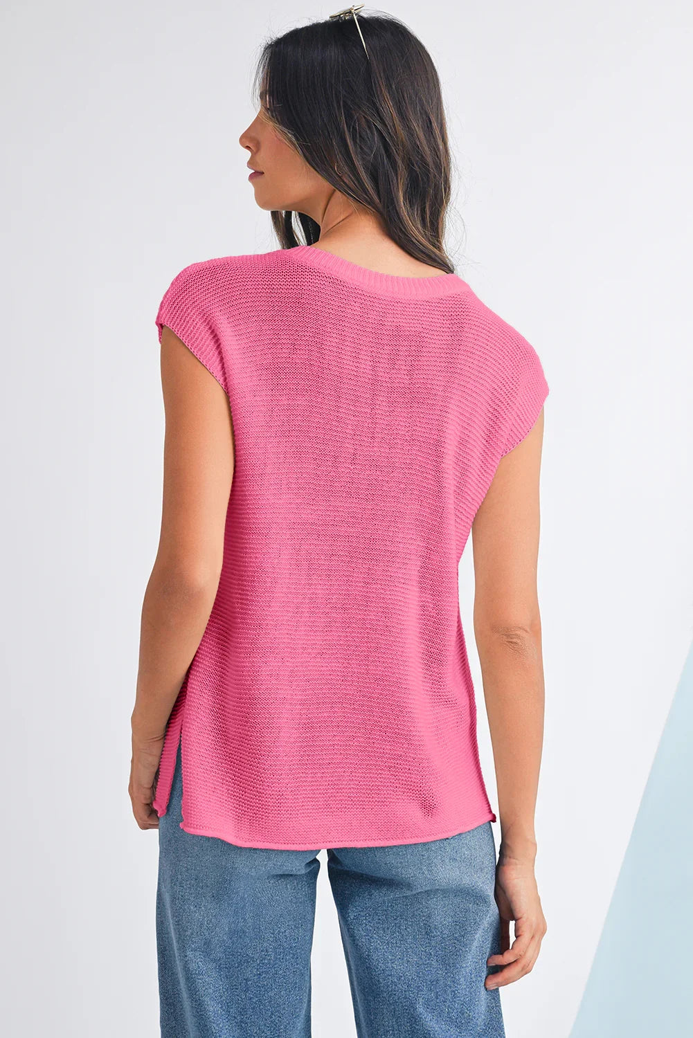 Sachet Pink Solid Color Side Slits Knit Tee