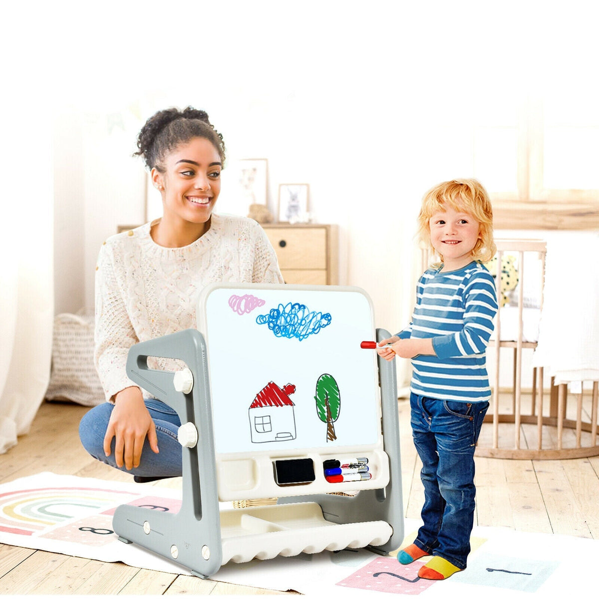 2 in 1 Kids Easel Table and Chair Set with Adjustable Art Painting Board