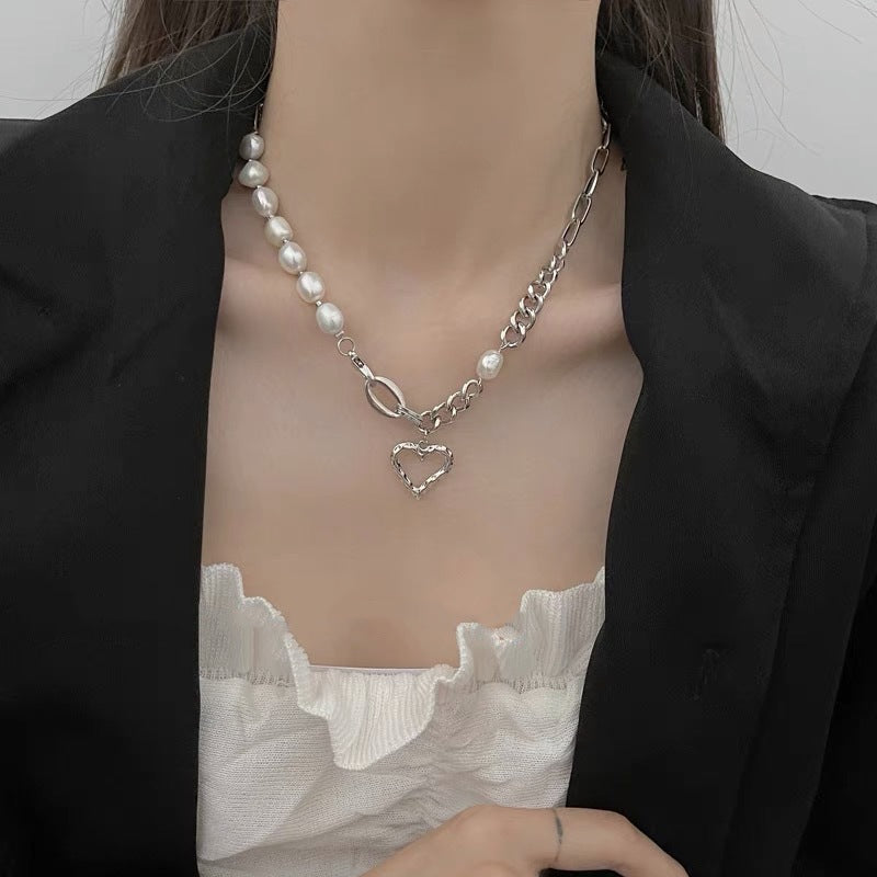 Natural Pearl Love Stitching Necklace Women's Light Luxury Niche Temperament High-End Collarbone Chain Summer All-Match Neck Necklace