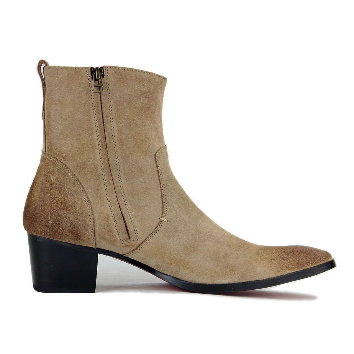 OSSTONE Men Chelsea Ankle Boots Leather Heeled Boots With Side Zipper Cuban Heel Dress Boots Disco Shoes OS-JY002 BEIGE