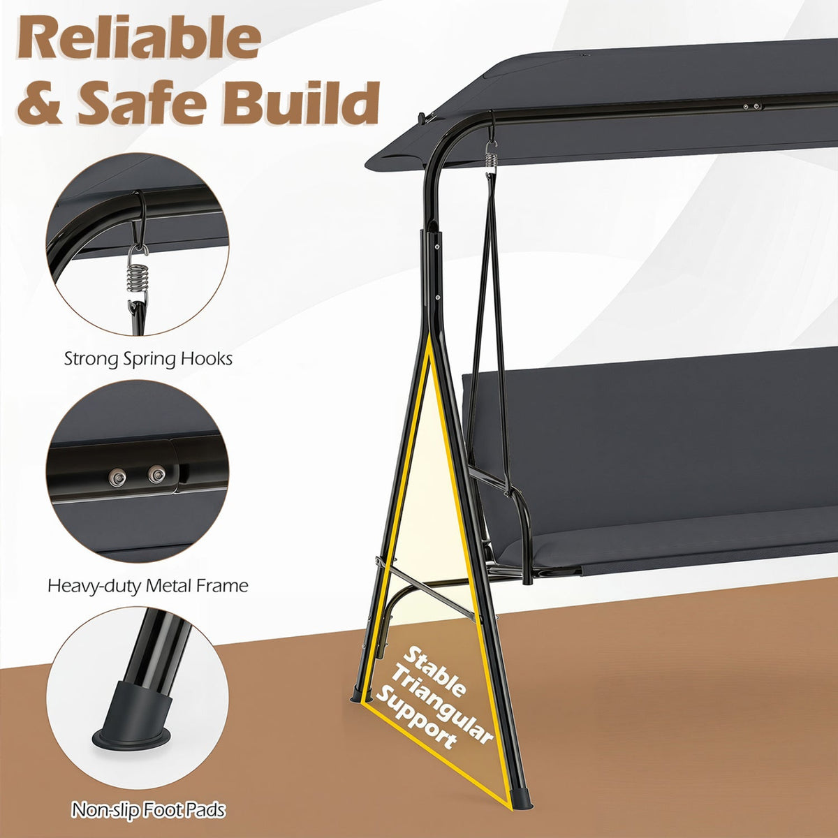 3-Seat Patio Swing Chair with Adjustable Canopy