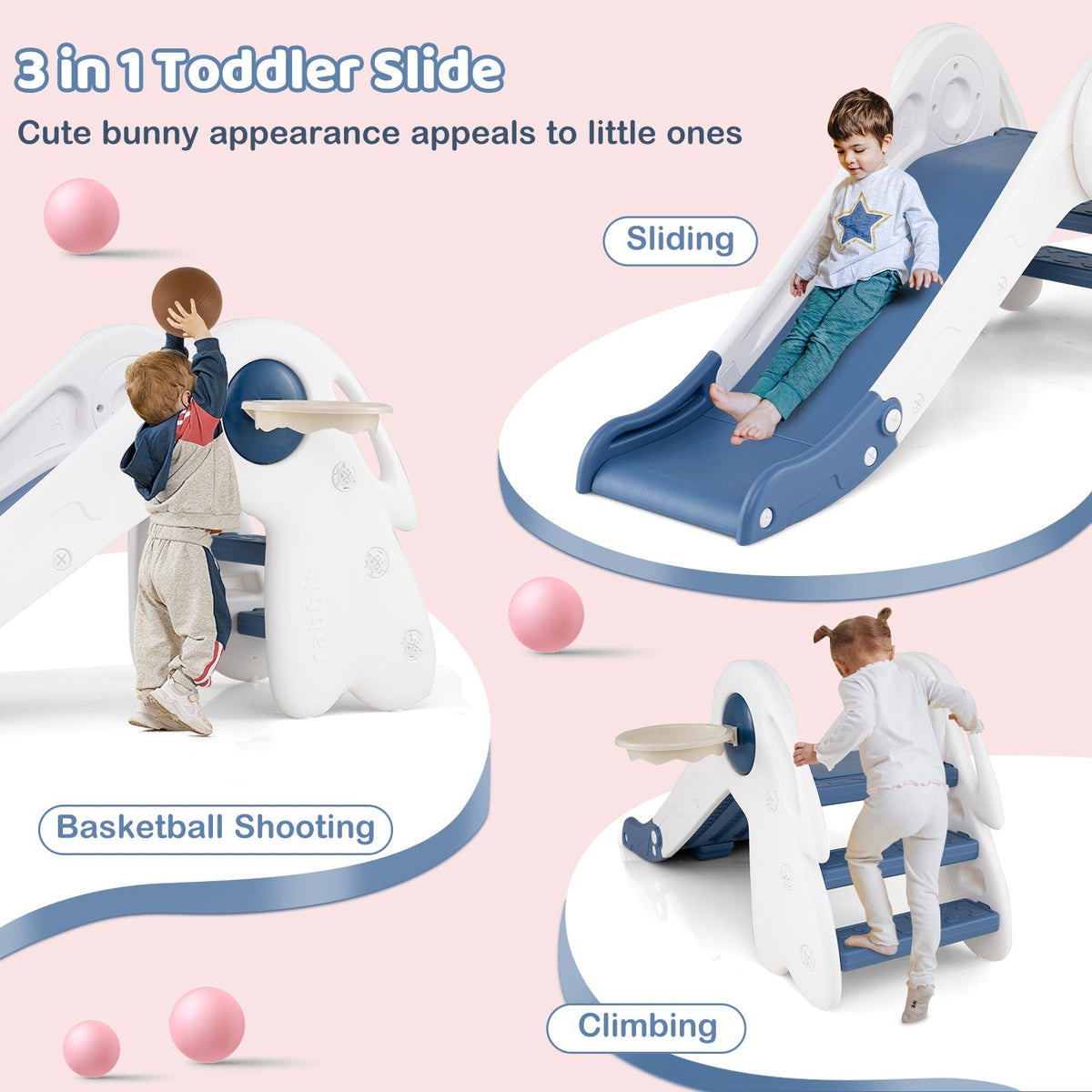 3 in 1 Toddler Slide Baby Slide Climber Playset with Basketball Hoop and Basketball