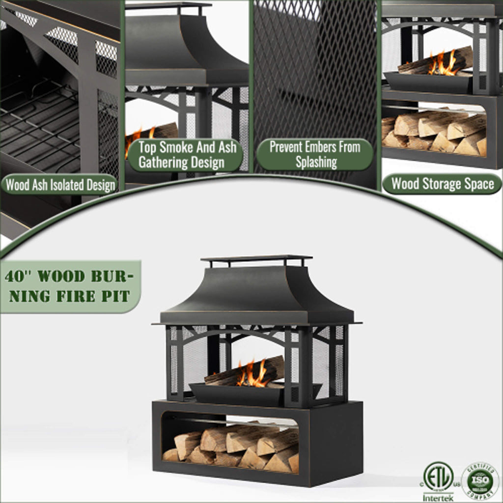 40-Inch Outdoor Steel Wood-Burning Backyard Fireplace Fire Pit (SAK45758)