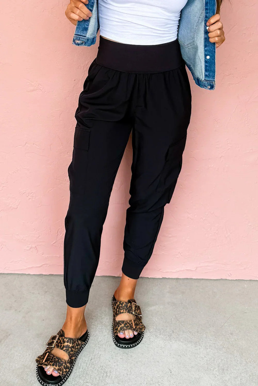 Black Elastic High Waist Pocketed Cargo Jogger Pants
