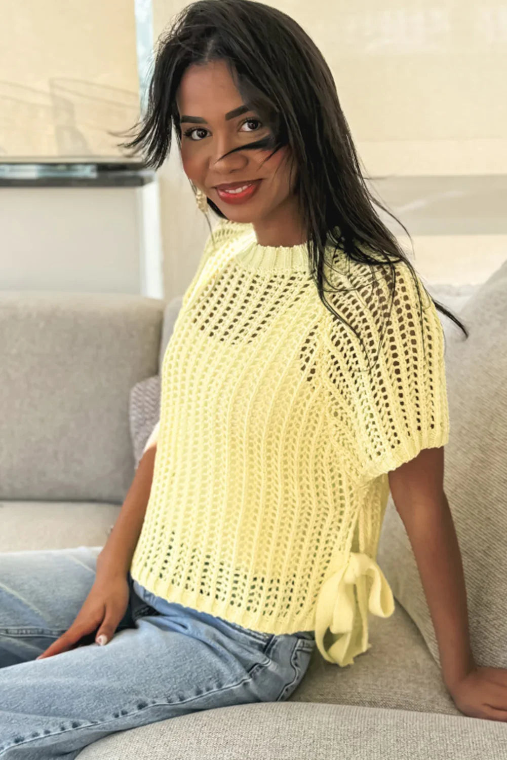 Pink Side Tie Hollow-out Crochet Knit Top