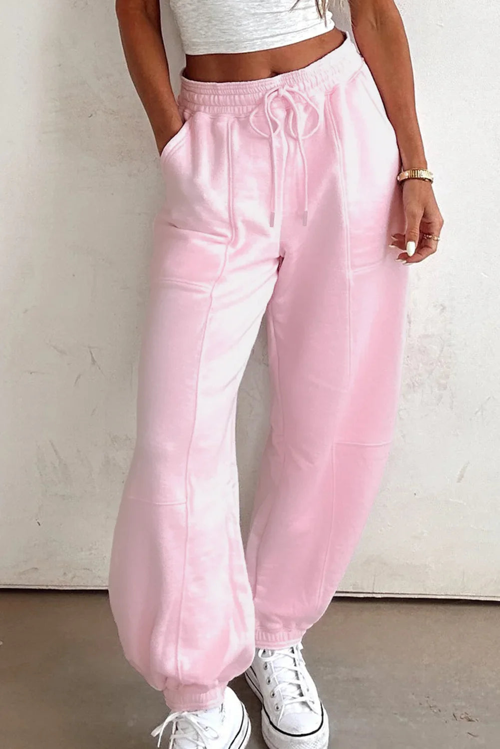 Lilac Tie Elastic Waist Solid Color Patchwork Jogger Pants