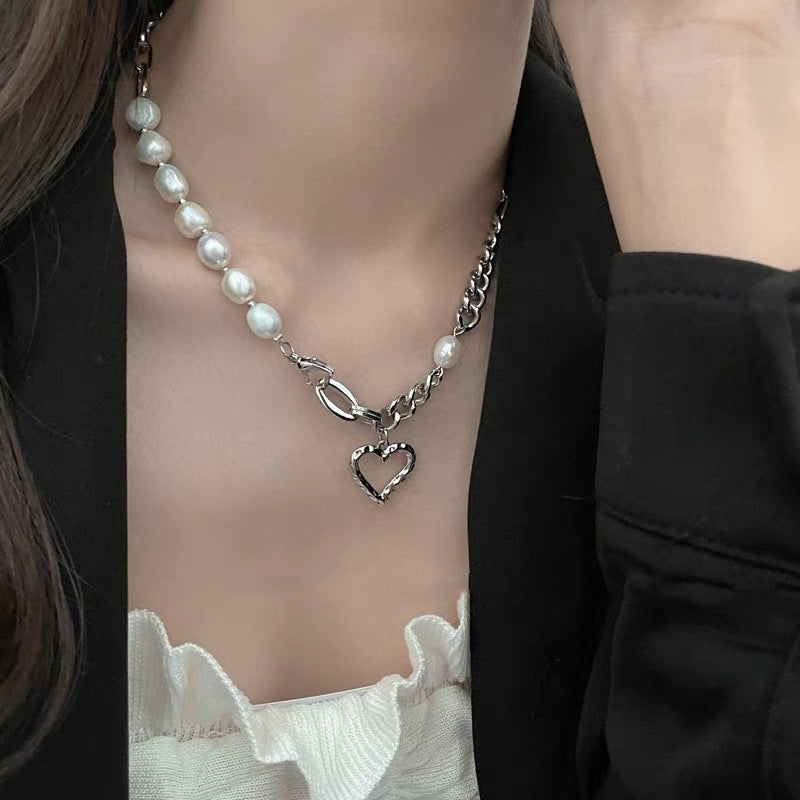 Natural Pearl Love Stitching Necklace Women's Light Luxury Niche Temperament High-End Collarbone Chain Summer All-Match Neck Necklace