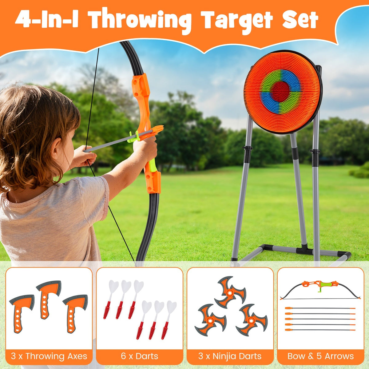 4 in 1 Throwing Target Set Kids Throwing Game with Bristle Target and 3 Throwing axes