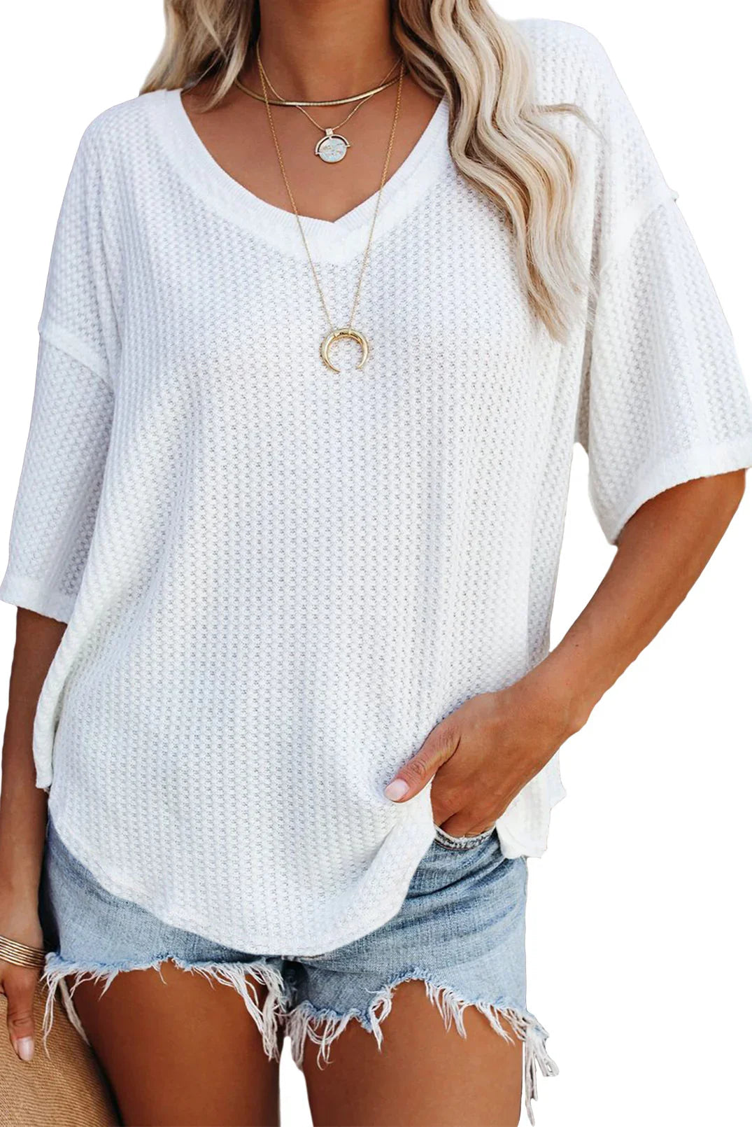 Blue Exposed Seam Drop Sleeve V Neck Waffle Textured Top